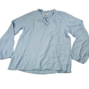 J.Crew Women Light Blue Cotton Gauze  Ruffled Neck Long Sleeve Blouse Size M